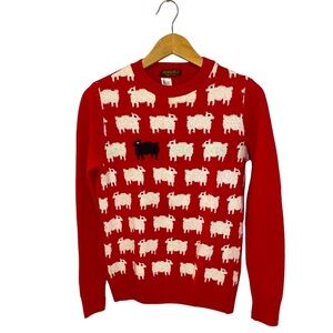 Red Sheep-Pattern Crewneck Sweater - Playful Contrast Motif